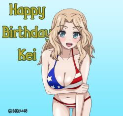 Rule 34 | 1girl, american flag bikini, american flag print, bikini, blonde hair, blue background, blue eyes, breast hold, breasts, character name, cleavage, cowboy shot, english text, flag print, girls und panzer, gradient background, hair intakes, halterneck, hand on own arm, happy birthday, kay (girls und panzer), kkonmulbeom nyomy, large breasts, leaning forward, long hair, looking at viewer, navel, open mouth, print bikini, smile, solo, standing, swimsuit, twitter username