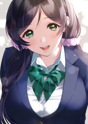 Rule 34 | 1girl, :d, blazer, blue jacket, blush, bow, bowtie, collared shirt, green bow, green bowtie, green eyes, highres, jacket, kate iwana, long hair, looking at viewer, love live!, love live! school idol project, low twintails, open mouth, otonokizaka school uniform, pink scrunchie, purple hair, school uniform, scrunchie, shirt, smile, solo, striped bow, striped bowtie, striped clothes, striped neckwear, tojo nozomi, translation request, twintails, upper body, white shirt