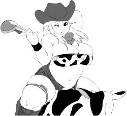Rule 34 | 1girl, breasts, cleavage, cow, cow print, cowboy, cowboy hat, food, hat, huge breasts, monochrome, plump, scarf, steak, thick thighs, thighs, tongs, cowboy western, wink