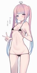 Rule 34 | 1girl, bad id, bad pixiv id, bare arms, bare legs, bare shoulders, bikini, black bikini, blue eyes, blue hair, blunt bangs, blush, breasts, cleavage, collarbone, commentary request, cowboy shot, double v, gluteal fold, gradient hair, groin, hair between eyes, heterochromia, highres, looking at viewer, lowleg, lowleg bikini, micro bikini, mimelond, multicolored hair, navel, open mouth, original, pink eyes, pink hair, sidelocks, small breasts, solo, standing, stomach, swimsuit, thighs, translated, v, white background