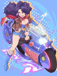 Rule 34 | 1girl, aetherion, asymmetrical sleeves, belt, black hair, boots, breasts, brown eyes, cleavage, crop top, danielle (game grumps), earrings, full body, game grumps, highres, jacket, jewelry, knee boots, leather, leather jacket, long hair, looking back, loose belt, medium breasts, midriff, mismatched sleeves, motor vehicle, motorcycle, open clothes, open jacket, red scarf, riding, scarf, short shorts, shorts, solo