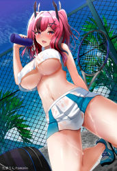 Rule 34 | 1girl, azur lane, bottle, breasts, bremerton (azur lane), bremerton (scorching-hot training) (azur lane), chain-link fence, covered erect nipples, crop top, crop top overhang, fence, hair between eyes, hair ornament, heart, heart necklace, highres, holding, holding racket, kneeling, large breasts, multicolored hair, nail polish, necklace, pink eyes, pink hair, racket, see-through, shirt, skirt, sleeveless, sleeveless shirt, sportswear, streaked hair, sy 1755, tennis, tennis racket, tennis uniform, two-tone shirt, two-tone skirt, underboob, water bottle, wet, wet clothes, white skirt, x hair ornament