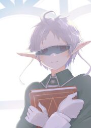Rule 34 | 1girl, absurdres, ahoge, book, hugging book, cloak, closed mouth, elf, gloves, green cloak, highres, holding, holding book, hugging object, jacket, looking at viewer, mushoku tensei, pointy ears, procreate (medium), red eyes, short hair, smile, solo, sunglasses, sylphiette (mushoku tensei), takumi (user xmwf4727), white gloves, white hair, white jacket