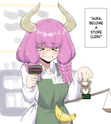 Rule 34 | &gt; &lt;, 1girl, alternate costume, apron, aura (sousou no frieren), aura bullying (meme), balance scale, banana, barcode scanner, blush, braid, closed eyes, commentary, contemporary, convenience store, cowboy shot, crying, demon girl, demon horns, english commentary, english text, facing viewer, food, fruit, green apron, hands up, highres, holding scale, holding scanner, horns, long hair, long sleeves, low twin braids, multiple braids, name tag, pink hair, shop, sifserf, solo, sousou no frieren, store clerk, teeth, twin braids, weighing scale