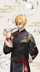 Rule 34 | 1boy, animal print, arm behind back, bird print, black eyes, blonde hair, chinese clothes, cowboy shot, dragon, dywx poison, eastern dragon, facial hair, goatee, hair over one eye, highres, holding, holding smoking pipe, male focus, one piece, smoking pipe, sanji (one piece), smoking, solo, sunglasses