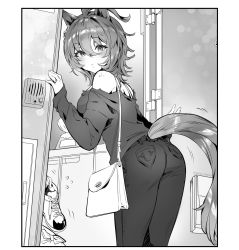 Rule 34 | agnes tachyon (umamusume), ahoge, animal ears, ass, bag, bare shoulders, blush, casual, commentary request, doorway, greyscale, hair between eyes, handbag, highres, horse ears, horse girl, horse tail, jewelry, looking at viewer, looking back, monochrome, off-shoulder shirt, off shoulder, pants, ring, shirt, shoes, short hair, sneakers, tail, umamusume, wedding band, yanyo (ogino atsuki)