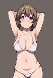 Rule 34 | 1girl, armpits, arms up, bikini, blush, breasts, brown hair, character request, chelle ingham, collarbone, expressionless, grey background, highres, large breasts, looking at viewer, navel, purple eyes, stomach, swimsuit, twintails, white bikini