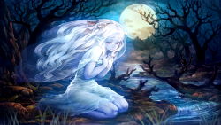 Rule 34 | 1girl, banshee (dragon&#039;s crown), bare tree, blue skin, colored skin, crying, dragon&#039;s crown, dress, full moon, game cg, ghost, hands on own chest, kneeling, long hair, moon, night, official art, outdoors, own hands together, pointy ears, red eyes, see-through, seiza, shigatake, sitting, solo, stream, torn clothes, tree, veil, water, white hair