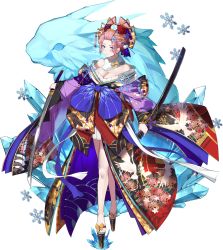 Rule 34 | 1girl, ark order, artist request, bangs pinned back, bird, black flower, black rose, blue bow, blue nails, bow, breasts, cleavage, crane (animal), crane print, floral print, flower, hair flower, hair ornament, hairpin, highres, holding, holding sheath, holding sword, holding weapon, ice, japanese clothes, kanzashi, katana, kimono, large breasts, looking at viewer, multicolored clothes, multicolored kimono, nail polish, official art, oiran, pink hair, platform clogs, platform footwear, pleated skirt, pom pom (clothes), pom pom hair ornament, purple flower, purple rose, red flower, red rose, rose, sash, sheath, sidelocks, skirt, snowflake hair ornament, snowflakes, solo, sword, tachi-e, toenail polish, toenails, transparent background, unsheathed, weapon, white flower, white rose, white skirt, yellow bow, yuki onna (ark order)