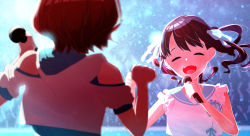 Rule 34 | 2girls, absurdres, black hair, blue ribbon, blurry, blurry foreground, brown hair, clenched hand, commentary request, concert, closed eyes, fangs, fukumaru koito, hair ribbon, highres, higuchi madoka, holding, holding microphone, idolmaster, idolmaster shiny colors, medium hair, microphone, multiple girls, music, noctchill (idolmaster), open mouth, ribbon, short hair, singing, skin fangs, sweat, twintails, upper body, yamato cogane