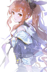 Rule 34 | 1girl, ahoge, alchemaniac, bow, brown eyes, brown hair, diantha (granblue fantasy), granblue fantasy, hair bow, highres, long hair, musical note, side ponytail, smile, solo, white background
