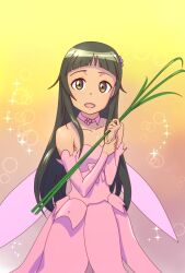 Rule 34 | 1girl, 2021, 20s, bare shoulders, black hair, brown eyes, burning raccoon dog, child, collarbone, dress, fairy, fairy wings, female focus, flat chest, flower, gradient background, hair flower, hair ornament, long hair, looking at viewer, neck ribbon, open mouth, pink dress, ribbon, smile, solo, standing, sword art online, wings, yui (sao)