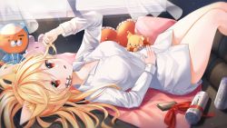 Rule 34 | 1girl, absurdres, animal, animal ear fluff, animal ears, bad id, bad pixiv id, bandaid, blonde hair, breasts, can, cat, cat ears, cat tail, collarbone, couch, curtains, day, energy drink, eyes visible through hair, fang, fingernails, highres, holding, holding own hair, large breasts, legs together, legs up, long hair, long sleeves, looking at viewer, lying, myowa, no pants, on back, original, parted lips, red eyes, red ribbon, ribbon, shirt, solo, stuffed animal, stuffed toy, tail, thighs, white shirt, window