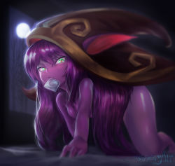 Rule 34 | 1girl, all fours, animal ears, artist name, bent over, blush, breasts, colored skin, condom, condom in mouth, condom wrapper, full moon, green eyes, hat, heart, heart-shaped pupils, highres, league of legends, long hair, looking at viewer, lulu (league of legends), mayhem art, moon, mouth hold, night, nude, purple hair, purple skin, small breasts, solo, symbol-shaped pupils, wizard hat, yordle