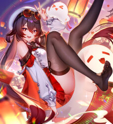 1girl bare_shoulders black_thighhighs boo_tao_(genshin_impact) brown_hair chinese_commentary commentary_request flower-shaped_pupils genshin_impact ghost highres hu_tao_(cherries_snow-laden)_(genshin_impact) hu_tao_(genshin_impact) lightria long_hair long_sleeves looking_at_viewer no_shoes open_mouth red_eyes skirt smile solo symbol-shaped_pupils thighhighs