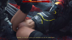 Rule 34 | 1girl, 3d, abs, absurdres, after rape, after vaginal, aftersex, armor, arms up, automaton (helldivers), bottomless, cum, cum in pussy, dr.dabblur, english text, full armor, helldiver (helldivers), helldivers (series), helmet, highres, humanoid robot, impregnation, missionary, navel, rape, restrained, robot, science fiction, sex machine, spread legs