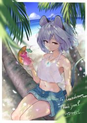 Rule 34 | 1girl, ahoge, alternate costume, animal ears, armpit peek, bare shoulders, beach, blurry, commission, cup, day, depth of field, feet out of frame, fisheye, grey hair, highres, holding, holding cup, horizon, jewelry, kakedashi, light smile, looking at viewer, midriff, mouse (animal), mouse ears, nazrin, outdoors, pendant, red eyes, shorts, sitting, solo, sunnysideup (style), touhou, tree, water