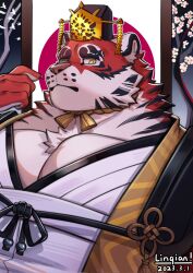 Rule 34 | 1boy, animal ears, bara, chinese clothes, crave saga, dated, furry, furry male, guan hat, hand up, highres, large pectorals, linqiankira, looking at viewer, male focus, mature male, mian guan, muscular, muscular male, open clothes, orange fur, pectoral cleavage, pectorals, pointing, pointing at self, solo, thick eyebrows, tiger boy, tiger ears, two-tone fur, upper body, yata no kagami (crave saga)