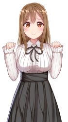 Rule 34 | 10s, 1girl, alternate costume, black ribbon, breasts, brown eyes, brown hair, center frills, commentary request, eyebrows, frills, highres, kunikida hanamaru, large breasts, long hair, long sleeves, looking at viewer, love live!, love live! school idol festival, love live! sunshine!!, matching hair/eyes, meme attire, mizukoshi (marumi), ribbon, simple background, smile, solo, virgin killer outfit, white background