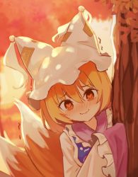 Rule 34 | 1girl, animal hat, behind tree, blonde hair, blush, commentary request, day, dress, fox tail, hat, heart, heart-shaped pupils, long sleeves, mob cap, multiple tails, outdoors, peeking out, short hair, smile, solarisu, solo, symbol-shaped pupils, tabard, tail, tassel, touhou, tree, upper body, wavy mouth, white dress, white hat, wide sleeves, yakumo ran