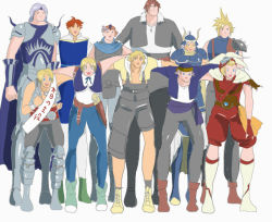 Rule 34 | 6+boys, arm over shoulder, armor, asymmetrical clothes, bad anatomy, bartz klauser, blonde hair, blue eyes, brown hair, cape, captain tsubasa, cecil harvey, chain, clenched hand, clenched hands, cloud strife, dissidia final fantasy, final fantasy, final fantasy i, final fantasy ii, final fantasy iii, final fantasy iv, final fantasy ix, final fantasy v, final fantasy vi, final fantasy vii, final fantasy viii, final fantasy x, final fantasy xii, firion, helmet, jewelry, locke cole, male focus, multiple boys, necklace, okurapuchi, onion knight, open mouth, parody, poorly drawn, scar, silver hair, smile, spiked hair, squall leonhart, standing, style parody, tidus, translation request, vaan (ff12), warrior of light (ff1), zidane tribal