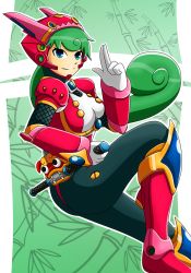 Rule 34 | 1girl, android, bamboo, bamboo print, blue eyes, boots, breasts, capcom, gloves, green hair, hand gesture, headgear, helmet, highres, holding, holding weapon, knee boots, long hair, marino (mega man), medium breasts, ninja seal, mega man (series), mega man x (series), mega man x: command mission, sheath, sheathed, smile, solo, solo focus, sunnythesunflower, weapon, white gloves