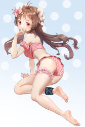 Rule 34 | 1girl, antenna hair, arknights, barefoot, bikini, blue background, blush, brown hair, eyjafjalla (arknights), eyjafjalla (summer flower) (arknights), feet, flower, gradient background, hair flower, hair ornament, highres, horns, infection monitor (arknights), long hair, looking at viewer, off-shoulder bikini, off shoulder, official alternate costume, pink bikini, red eyes, simple background, soles, solo, swimsuit, thigh strap, thighs, toes