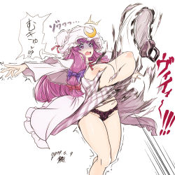 Rule 34 | 1girl, black panties, blush, bouncing breasts, breasts, chainsaw, crescent, crescent hair ornament, groin, hair ornament, hair ribbon, hat, highres, inverted nipples, large breasts, long hair, nipples, no bra, open mouth, panties, patchouli knowledge, purple eyes, purple hair, ribbon, sentarou, shiny skin, simple background, solo, speech bubble, tears, torn clothes, touhou, trembling, underwear, white background