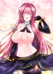 Rule 34 | 1girl, blue eyes, breasts, detached sleeves, female focus, fuyuki jun, gloves, highres, jewelry, large breasts, long hair, looking at viewer, megurine luka, navel, neck ribbon, nipples, pink hair, ribbon, simple background, skirt, stomach, vocaloid, wristband
