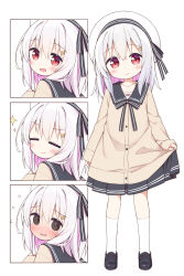Rule 34 | 1girl, :d, ayanepuna, beret, black footwear, black skirt, blush, brown cardigan, cardigan, closed eyes, closed mouth, commentary request, flying sweatdrops, hair between eyes, hair ornament, hairclip, hat, head tilt, highres, loafers, multicolored hair, multiple views, nose blush, open mouth, original, parted lips, pleated skirt, purple hair, red eyes, shoes, skirt, smile, socks, standing, sweat, tears, two-tone hair, white hair, white headwear, white socks