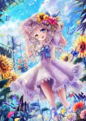 Rule 34 | 1girl, animal ears, bad id, bad pixiv id, bell, birdcage, blue bow, blue eyes, blue sky, bow, bug, butterfly, cage, cat ears, cat tail, day, dress, dutch angle, emon (glossy black), flower, from below, fur-trimmed headwear, fur trim, hand on headwear, hat, hat flower, head tilt, heterochromia, hibiscus, insect, lace, lace-trimmed dress, lace trim, lavender dress, leaf, leg ribbon, light purple hair, open mouth, orange eyes, original, outdoors, petals, ribbon, short hair, short sleeves, sky, solo, standing, standing on one leg, sunflower, tail, tail ornament, tail ribbon, wrist cuffs
