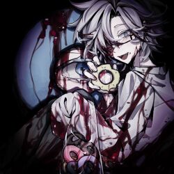 Rule 34 | 1boy, bag, black pants, blood, blood in hair, blood on clothes, blood on face, blue eyes, commentary, doughnut, food, glasses, highres, holding doughnut, kanou aogu, lab coat, long sleeves, male focus, open mouth, pants, plastic bag, procreate (medium), saibou shinkyoku, smile, solo, symbol-only commentary, white hair, yaneura 404