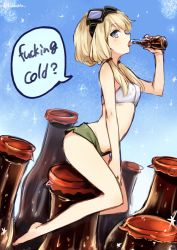 Rule 34 | 1girl, bad id, bad twitter id, blonde hair, blue eyes, carla j. luksic, coke bottle, drinking, english text, kodamari, long hair, low twintails, noble witches, open mouth, profanity, short shorts, shorts, snowflakes, solo, speech bubble, strapless, strike witches, tongue, tongue out, tube top, twintails, twitter username, white tube top, world witches series