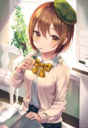 Rule 34 | 1girl, artist name, black skirt, blush, breasts, brown eyes, brown hair, closed mouth, drinking straw, green hat, hat, highres, indoors, long sleeves, looking at viewer, medium breasts, original, plant, potted plant, short hair, signature, sitting, skirt, solo, soyubee, tam o&#039; shanter