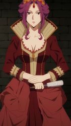 Rule 34 | absurdres, anime screenshot, breasts, brick wall, cleavage, collared dress, crossed arms, crown, dress, earrings, fan, forehead jewel, hair tied back, highres, jewelry, mature female, mirelia q melromarc, pink lips, purple eyes, purple hair, red dress, screencap, stitched, tate no yuusha no nariagari, third-party edit