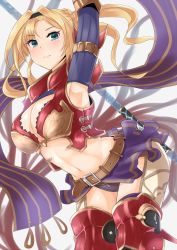 Rule 34 | 1girl, armpits, belt, blonde hair, blue eyes, blush, braid, breasts, cleavage, cleavage cutout, clothing cutout, commentary request, detached sleeves, gachou, granblue fantasy, hairband, large breasts, long hair, looking at viewer, midriff, navel, polearm, solo, thighhighs, twintails, weapon, zeta (granblue fantasy)