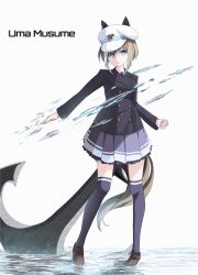 Rule 34 | 1girl, alua, anchor, animal ears, black jacket, black thighhighs, blonde hair, blue eyes, bob cut, brown footwear, cheval grand (umamusume), commentary, copyright name, expressionless, frilled skirt, frills, full body, grey skirt, hat, highres, horse ears, horse girl, jacket, loafers, looking at viewer, multicolored hair, peaked cap, pleated skirt, shoes, short hair, skirt, solo, streaked hair, thighhighs, umamusume, water drop, white background, white hat
