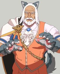 Rule 34 | 1boy, animal costume, animal ears, animal hands, ascot, bara, beard, blue eyes, brooch, cape, cat ears, cat paws, cat tail, costume, crest, facial hair, fangs, fangs out, grey background, highres, jewelry, jp (street fighter), large pectorals, long hair, male focus, mature male, muscular, muscular male, mustache, pectorals, print shirt, sa1k0p, shirt, solo, street fighter, street fighter 6, sweatdrop, tail, thick eyebrows, thick mustache, vest, white hair