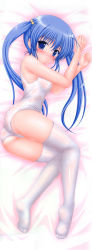 Rule 34 | 1girl, absurdres, ass, bed sheet, blue eyes, blue hair, blush, character request, copyright request, dakimakura (medium), full body, highres, kisaragi mic, long image, looking back, lying, matching hair/eyes, no shoes, on side, one-piece swimsuit, pillow, scan, school swimsuit, see-through, shiny clothes, shiny skin, skindentation, solo, swimsuit, tall image, thighhighs, wet, wet clothes, white one-piece swimsuit, white school swimsuit, white thighhighs