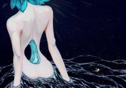Rule 34 | 1other, aqua hair, back, back focus, caustics, commentary request, completely nude, crystal hair, facing away, from behind, head out of frame, highres, hole on body, houseki no kuni, light particles, nude, other focus, partially submerged, phosphophyllite, quanxiahanyan, short hair, solo, sparkle, upper body, water
