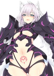 Rule 34 | 1girl, ahoge, animal ears, armor, atalanta (fate), atalanta alter (fate), atalanta alter (third ascension) (fate), black armor, black footwear, black gloves, black panties, blue eyes, blush, boots, braid, breasts, cat ears, cat tail, commentary request, cowboy shot, elbow gloves, fate/grand order, fate (series), french braid, from below, gauntlets, gloves, gluteal fold, hair between eyes, half-closed eyes, highleg, highleg panties, highres, long hair, looking at viewer, looking down, navel, open mouth, panties, pauldrons, pubic tattoo, shiny skin, shoulder armor, sidelocks, silver hair, simple background, small breasts, smile, solo, standing, stomach, sukage, tail, tattoo, thigh boots, thigh gap, thighhighs, turtleneck, underboob, underwear, white background