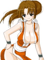 Rule 34 | 1girl, blush, breasts, cleavage, large breasts, long hair, looking at viewer, lowres, miyata gakuman, no bra, no panties, ponytail, shiranui mai, simple background, smile, solo, the king of fighters, white background, wrist cuffs