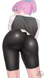 Rule 34 | 10s, 1girl, amino (tn7135), ass, bad id, bad pixiv id, bike shorts, blue eyes, blush, cowboy shot, from behind, kantai collection, looking back, pink hair, shiranui (kancolle), short hair, short ponytail, signature, simple background, solo, white background