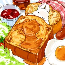 Rule 34 | animal focus, bacon, bread, bread slice, cherry tomato, closed eyes, commentary, egg (food), food, food focus, french toast, fried egg, lettuce, lilac (p-f easy), lying, maple syrup, no humans, on back, original, rabbit, sausage, sleeping, tomato, white fur