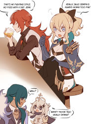Rule 34 | 2boys, 2girls, blonde hair, blue eyes, blue hair, blush, bow, capelet, cleavage cutout, clothing cutout, coat, collared shirt, cross, cross earrings, crown, cup, diluc (genshin impact), drink, drinking, drinking glass, earrings, english text, eyepatch, formal, genshin impact, gloves, hair bow, hair ornament, half-closed eyes, highres, jacket, jean (genshin impact), jewelry, kaeya (genshin impact), long sleeves, multiple boys, multiple girls, open clothes, open coat, paimon (genshin impact), red eyes, red hair, rome romedo, scarf, shirt, short hair, sidelocks, sitting, speech bubble, suit, suit jacket, sweatdrop, thought bubble, white shirt