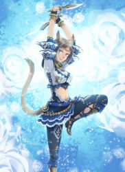 Rule 34 | 00s, 1girl, :d, animal ears, blue eyes, blue nails, boots, bracelet, breasts, brown hair, cat ears, cat girl, cat tail, cleavage, dancer, dual wielding, final fantasy, final fantasy xi, gloves, high heels, holding, jewelry, knife, leg lift, lots of jewelry, midriff, mithra (ff11), nail polish, navel, necklace, open mouth, shoes, short hair, skirt, smile, solo, tail, takatsuki kahiro, weapon