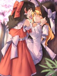 Rule 34 | 2girls, against tree, apron, arms up, black hair, black skirt, black vest, blonde hair, blurry, blurry background, blurry foreground, blush, bow, cherry blossoms, cheunes, clenched hands, commentary, day, detached sleeves, eye contact, hair between eyes, hair bow, hair tubes, hakurei reimu, hand on headwear, hat, hat ribbon, hat tug, highres, kirisame marisa, long hair, looking at another, multiple girls, nervous, outdoors, petticoat, puffy short sleeves, puffy sleeves, red eyes, red skirt, red vest, ribbon, ribbon-trimmed sleeves, ribbon trim, sarashi, shirt, short sleeves, sidelocks, skirt, smile, standing, touhou, tree, very long hair, vest, waist apron, white shirt, witch hat, yellow eyes, yuri