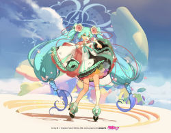 Rule 34 | 1girl, absurdly long hair, aqua flower, aqua hair, black sleeves, blue flower, blue hair, braid, cable, cloud, commentary, crypton future media, detached sleeves, dress, dress flower, flower, frilled dress, frilled sleeves, frills, full body, gradient hair, green flower, hair flower, hair ornament, hatsune miku, hatsune tenchikaibyaku shinwa (vocaloid), hidari (left side), high heels, layered sleeves, long hair, looking at viewer, magical mirai (vocaloid), magical mirai miku, magical mirai miku (2021), microphone, multicolored hair, official art, open mouth, outdoors, outstretched arm, piapro, pink flower, purple flower, red flower, shadow, smile, solo, tiptoes, twin braids, twintails, very long hair, vocaloid, white flower, white sleeves, yellow flower