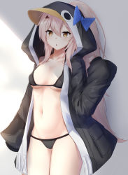Rule 34 | 1girl, absurdres, animal costume, animal hood, ayanami (azur lane), azur lane, bikini, black bikini, black jacket, blonde hair, blue bow, bow, breasts, collarbone, commission, cosplay, cowboy shot, fate/grand order, fate (series), groin, hair ornament, hair through headwear, halterneck, hand up, highres, hood, hooded jacket, jacket, long hair, long sleeves, looking at viewer, meltryllis, meltryllis (fate), meltryllis (swimsuit lancer) (fate), meltryllis (swimsuit lancer) (fate) (cosplay), meltryllis (swimsuit lancer) (first ascension) (fate), navel, open clothes, open jacket, parted lips, penguin costume, ponta (velmar), ponytail, puffy sleeves, skeb commission, slit pupils, small breasts, solo, standing, stomach, string bikini, swimsuit, thighs, very long hair, yellow eyes