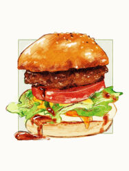 Rule 34 | bread, burger, cheese, food, food focus, highres, lettuce, meat, no humans, original, poipoooo, sauce, tomato, tomato slice